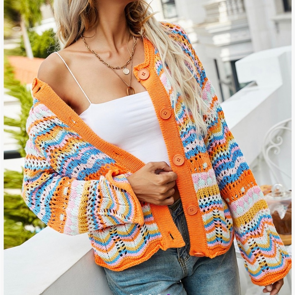 Orange strip pointelle cardigan